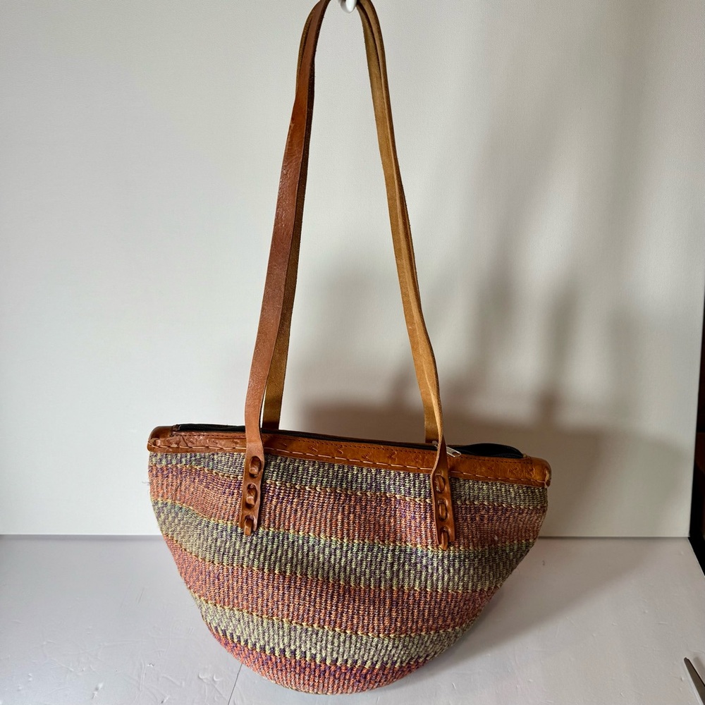 Handwoven Sisal Leather Tote Bag Long Double Straps Boho Natural Pre-owned